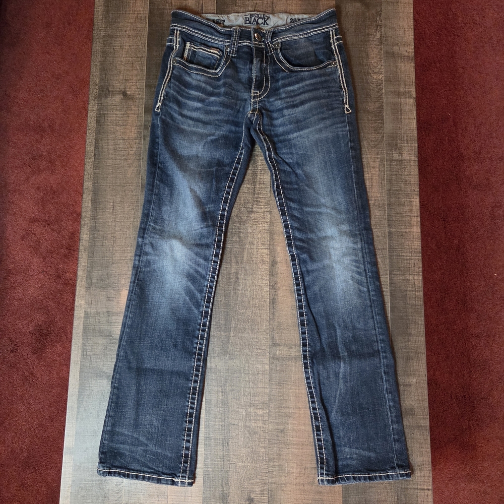 28x29 Men's Buckle Black 3 Fit Straight Distressed Jeans EUC